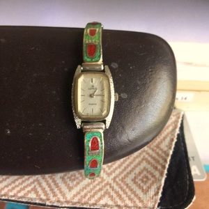 Vintage Lorus Quartz watch with Turquoise & Coral Inlay band